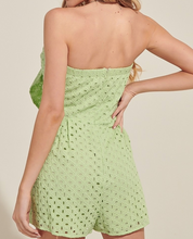 Load image into Gallery viewer, Clover Green Strapless Front Tie Romper