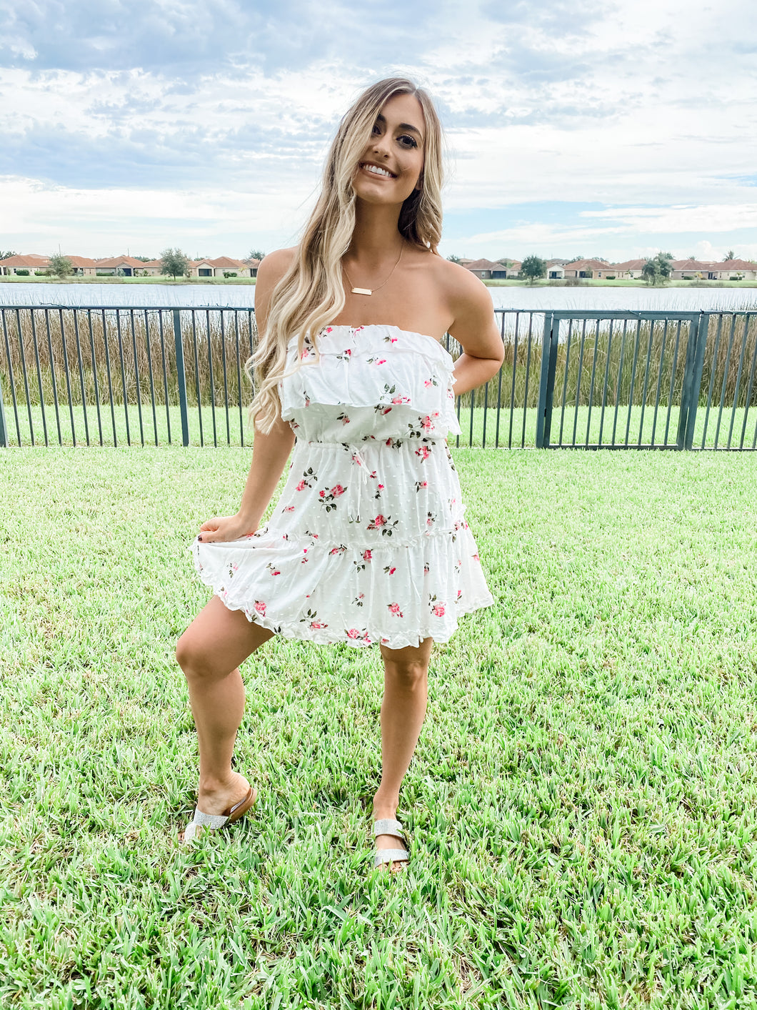 Murphy’s Law strapless floral dress